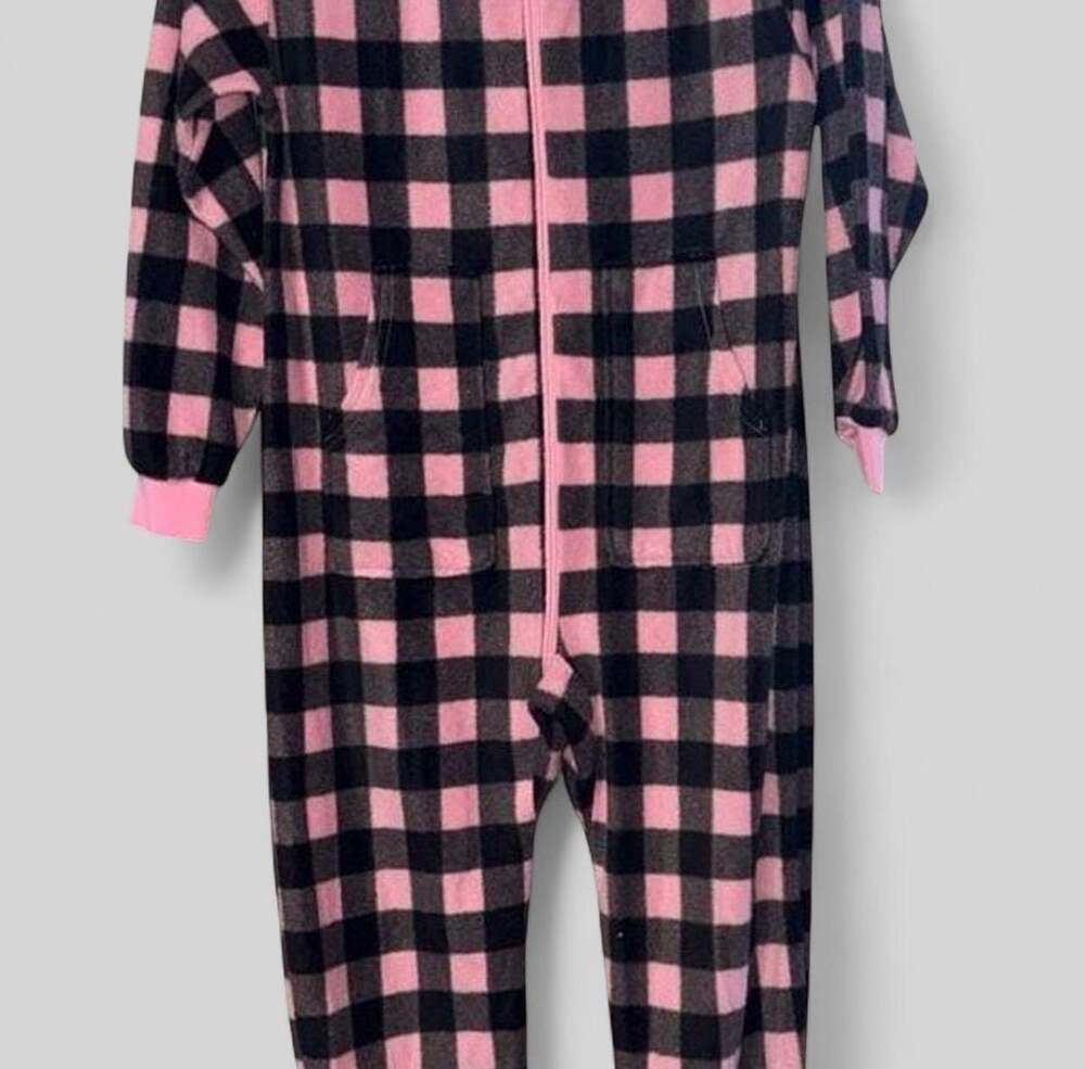 Big Ft Pajama Co. Pink and Black Plaid Fleece Onesie Size 10/12